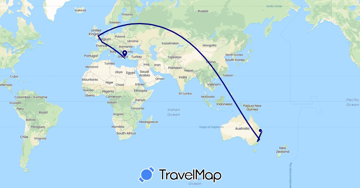 TravelMap itinerary: driving in Australia, France, United Kingdom, Greece (Europe, Oceania)